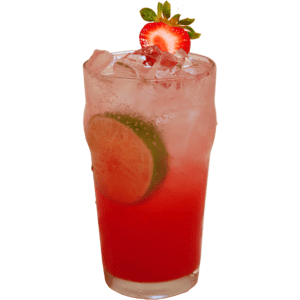 Red strawberry cocktail with ice and lime and strawberry garnish in a tall glass