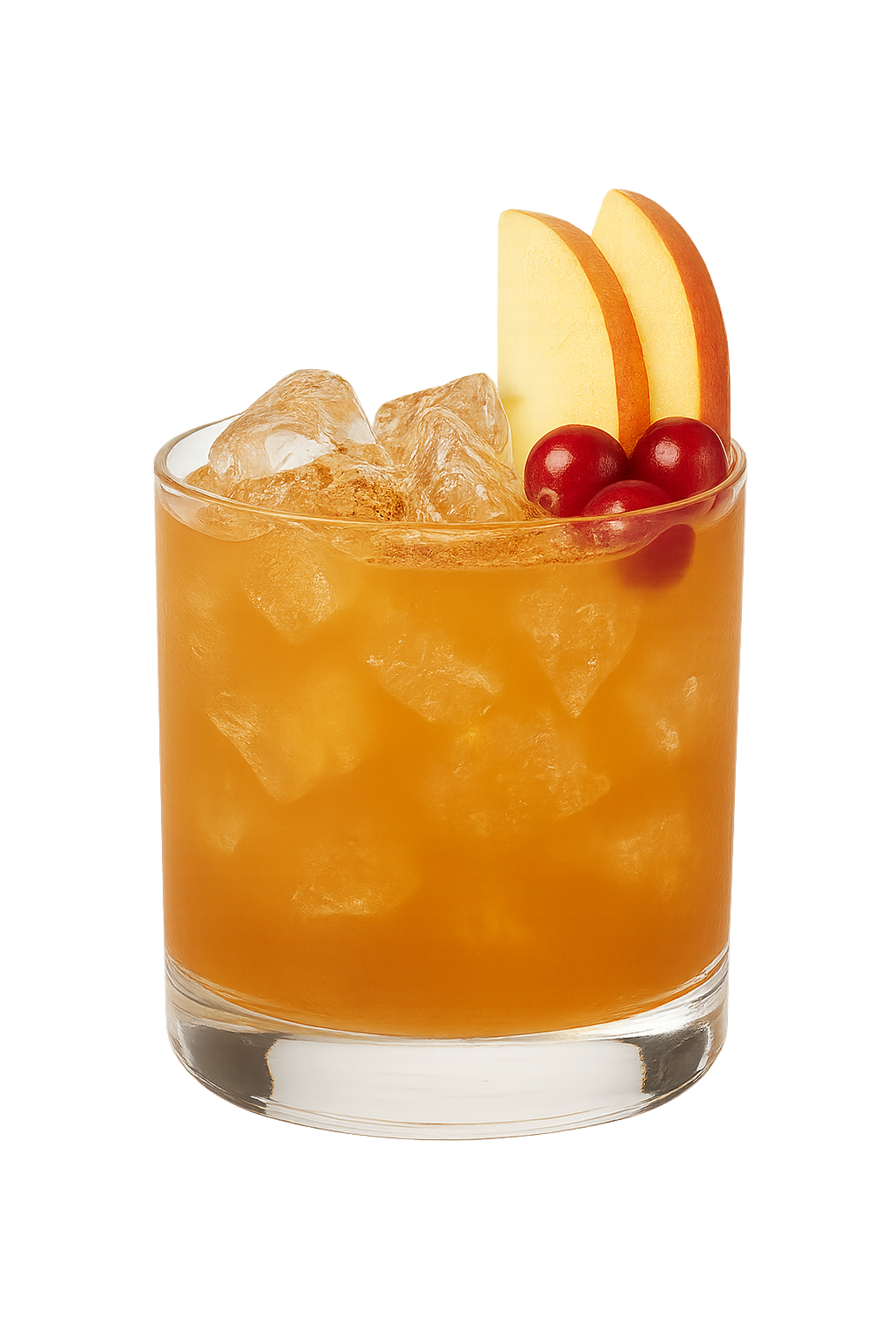 An orange colored drink filled with ice is served in a clear glass and garnished with apple slices and red cranberries.