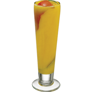A bright yellow cocktail is served in a tall narrow glass with a red fruit garnish on top and a curved red accent visible inside the drink.