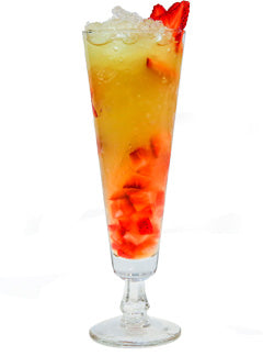 An orange strawberry cocktail with ice and chopped strawberry pieces is served in a tall stemmed glass and garnished with strawberry slices