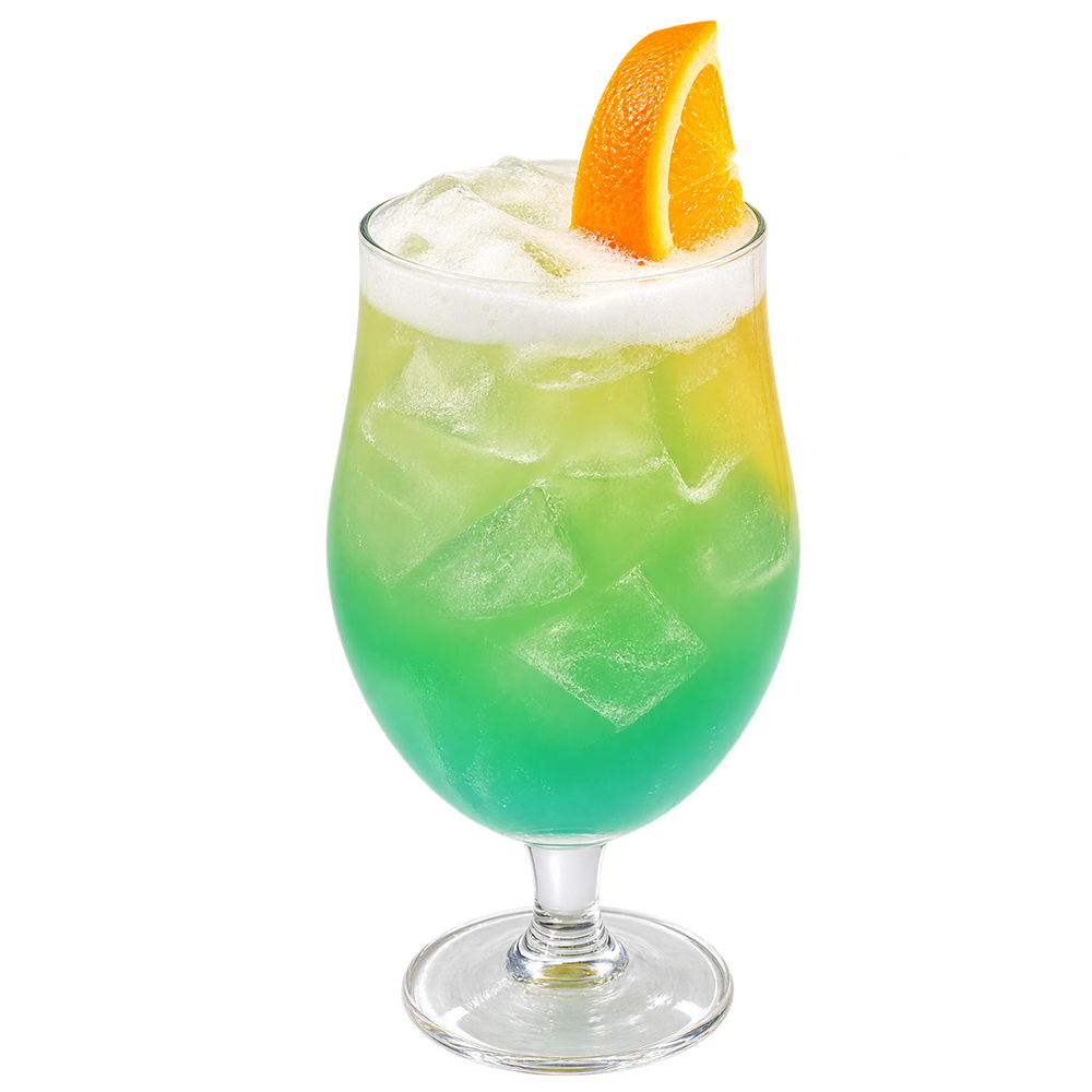 A pale green cocktail with ice is served in a tall stemmed glass with a light foamy top and garnished with an orange peel on the rim.