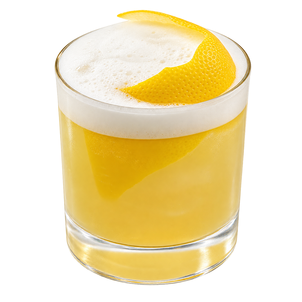 A pale yellow cocktail is served in a short glass with a thick white foamy top and garnished with a curved lemon peel on the surface.