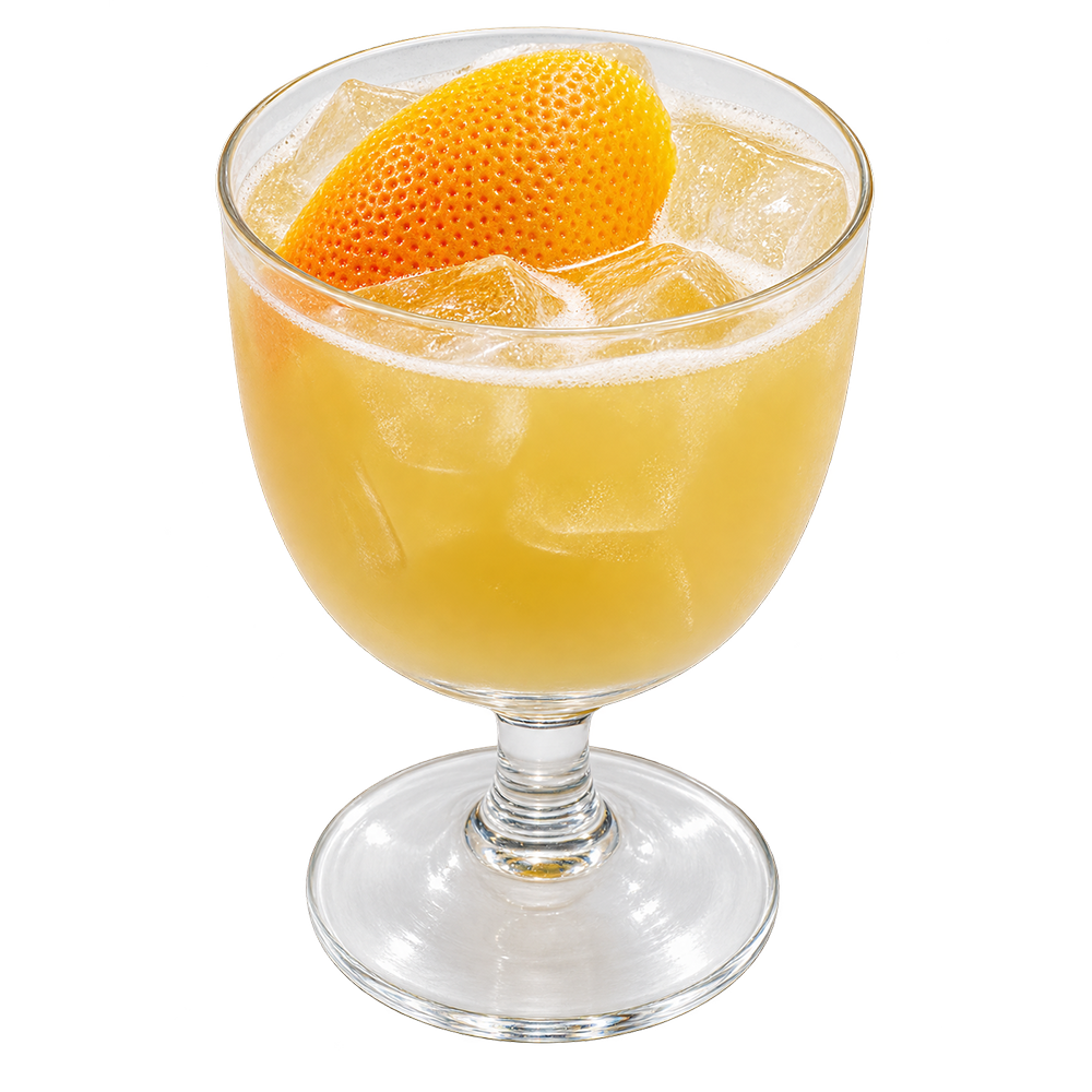 A pale yellow cocktail with ice is served in a rounded stemmed glass and garnished with a large grapefruit peel on top.