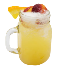 A pale yellow cocktail is served in a mason jar with a foamy top and garnished with orange and red fruit slices.