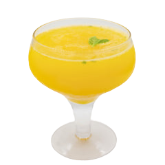 A bright yellow cocktail with ice is served in a coupe glass and garnished with a small fresh mint leaf on the surface.