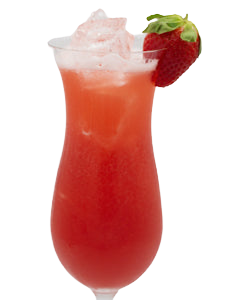 A bright red strawberry cocktail with crushed ice is served in a tall hurricane glass and garnished with a fresh strawberry and mint leaves on the rim.