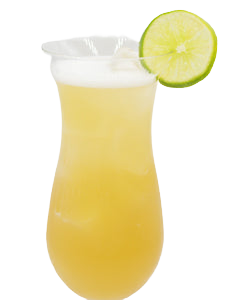 A pale yellow cocktail is served in a tall hurricane glass with a light foamy top and garnished with a lime slice on the rim.