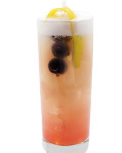 A pale pink cocktail with ice is served in a tall glass with several dark blueberries visible inside, a lemon slice near the top, and a foamy white layer on the surface.