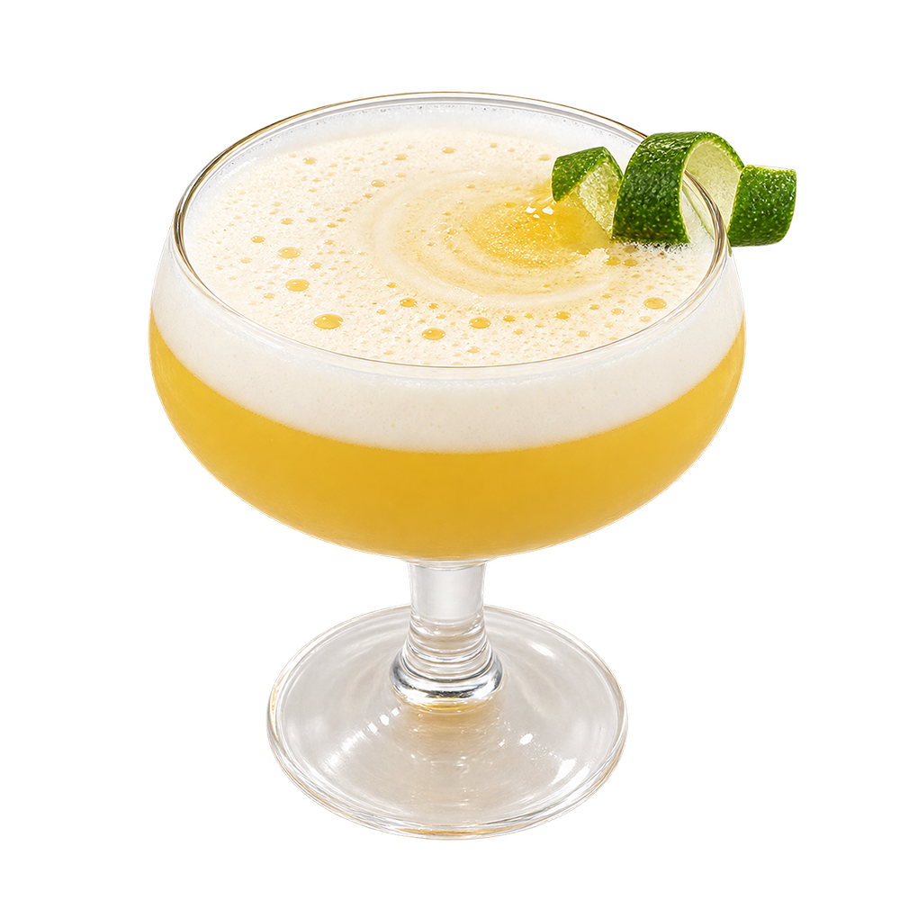 A golden yellow cocktail with a thick white foamy top is served in a coupe glass and garnished with fresh mint leaves and a small yellow citrus garnish.