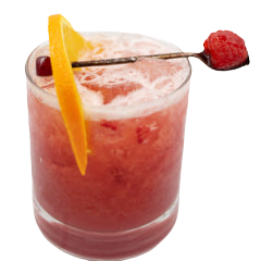 A pink cocktail with ice is served in a short glass with an orange slice on the rim and garnished with a red cherry and raspberry on a cocktail pick.