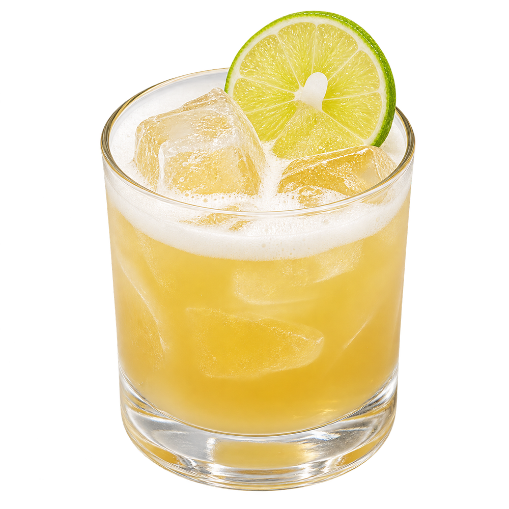 A pale yellow cocktail with ice is served in a short glass and garnished with a lime slice on the rim.