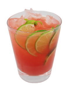 A red cocktail with crushed ice is served in a short glass with several lime slices visible inside and a lime peel garnish on top