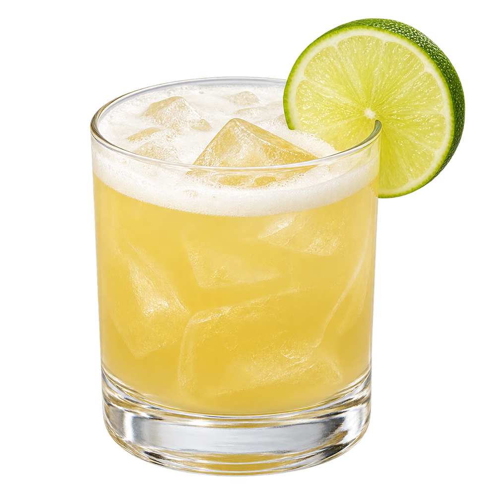 A pale yellow cocktail with ice is served in a short glass and garnished with a lime slice on the rim.