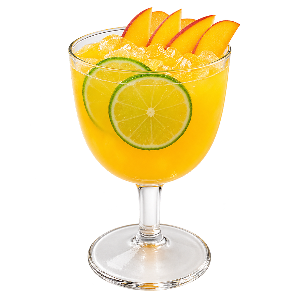 A bright yellow cocktail is served in a rounded stemmed glass with lime slices visible inside and several orange slices arranged on top