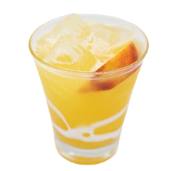A bright yellow cocktail with ice is served in a short glass with an orange slice visible inside and white decorative swirls around the lower part of the gla