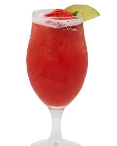 Red strawberry cocktail with foam, strawberry, and lime garnish in a tall glass