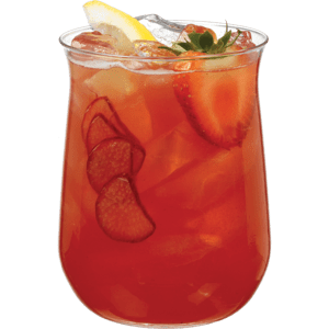 Red strawberry cocktail with ice and strawberry slices in a tall glass