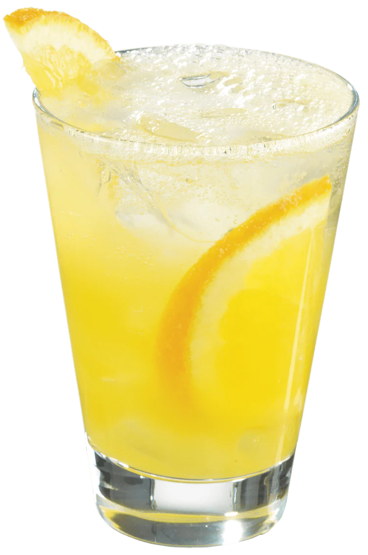 Bright yellow cocktail with ice and orange slices in a short glass