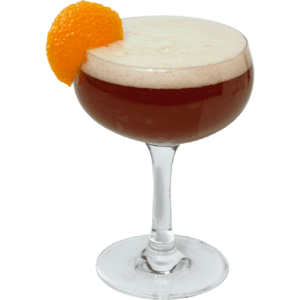 Dark red cocktail with white foam and orange garnish in a coupe glass
