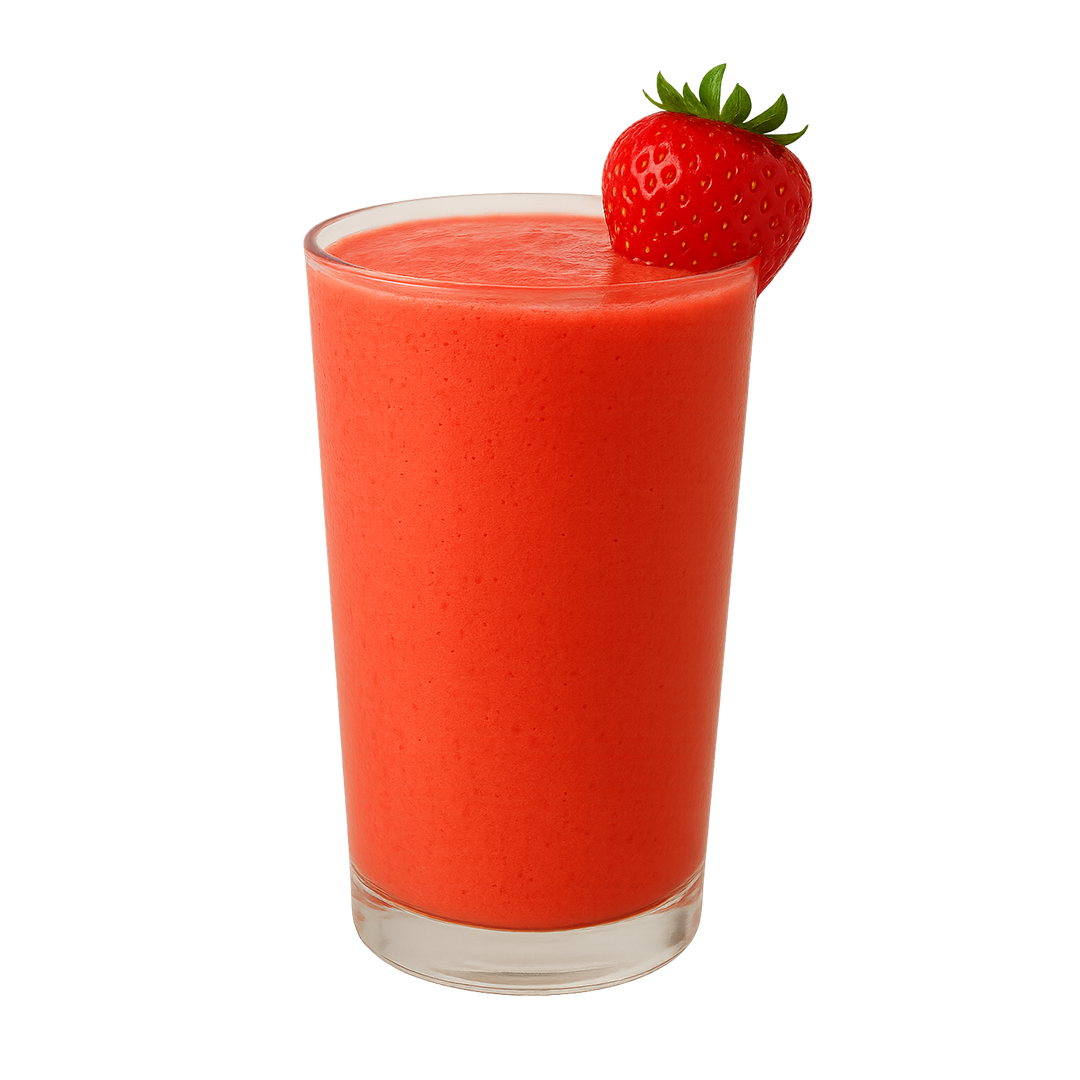 Red strawberry smoothie with ice and strawberry garnish in a tall glass