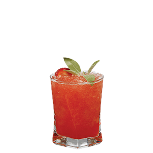 Red strawberry cocktail with crushed ice and strawberry and sage garnish in a short glass