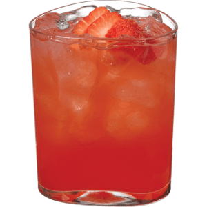 Red strawberry cocktail with ice and sliced strawberries in a short glass
