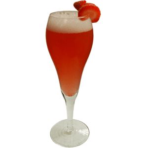 Red cocktail with strawberry garnish in a tall stemmed glass on white background
