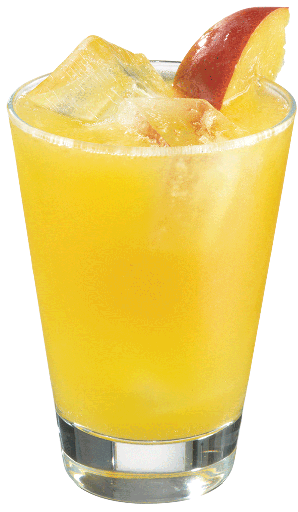 Yellow mango drink with ice cubes and mango slice in a glass isolated on white background