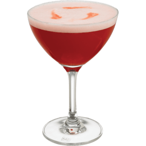 Orange and white frozen berry cocktail with mint and strawberry garnish on white background