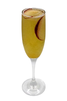 A golden yellow cocktail is served in a tall stemmed glass with a peach slice visible inside and a peach garnish on the rim.