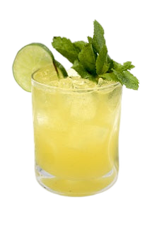 A pale yellow cocktail with ice is served in a short glass and garnished with lime slices and fresh mint leaves.