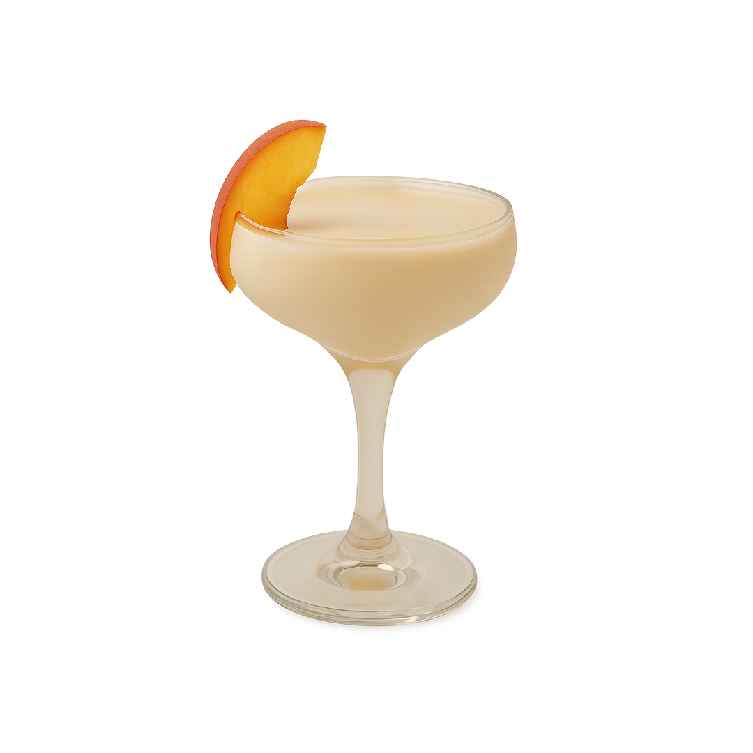 A pale yellow cocktail with a light foamy top is served in a coupe glass and garnished with several peach slices floating on the surface.