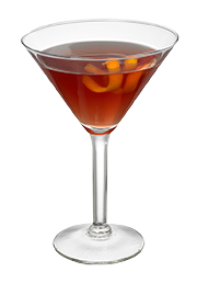 A dark amber cocktail is served in a martini glass with curled orange peel pieces floating on the surface.