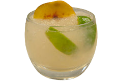 A pale yellow cocktail with ice is served in a short rounded glass with lime pieces inside and orange and lime garnishes on to