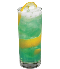 A bright green cocktail with ice is served in a tall glass with lemon slices visible inside and a lemon wedge on the rim