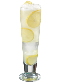 A pale yellow cocktail with ice is served in a tall stemmed glass with lemon slices visible inside and a lemon wedge garnish on top.