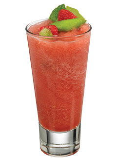 A red frozen strawberry cocktail is served in a tall glass and topped with sliced kiwi fresh strawberries and green leaves