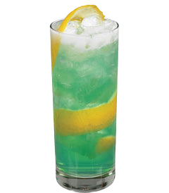 A bright green cocktail with ice is served in a tall glass with lemon slices visible inside and a lemon wedge on the rim