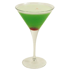 A bright green cocktail is served in a martini glass with a red cherry visible near the bottom of the drink