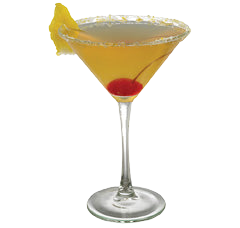 A golden orange cocktail is served in a martini glass with a sugar rim and garnished with a lemon wedge and a red cherry inside the drink