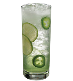 A clear cocktail with ice is served in a tall glass with lime slices and green jalapeno slices visible inside the drink