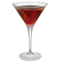 A dark red cocktail is served in a martini glass with a smooth clear surface and no visible garnish
