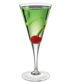 Alt text Green cocktail with lime mint leaves and cherry in a martini glass Image description A bright green cocktail is served in a martini glass with lime pieces and mint leaves inside and a red cherry near the bottom
