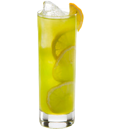 A bright yellow green cocktail with ice is served in a tall glass with several lemon slices visible inside and a lemon wedge on the rim