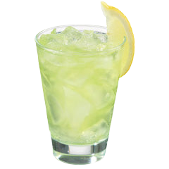 A pale green cocktail with crushed ice is served in a short glass and garnished with a lemon wedge on the rim