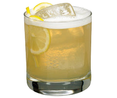 A pale yellow cocktail with ice and a foamy top is served in a short glass with lemon slices visible inside and a lemon peel garnish on the rim
