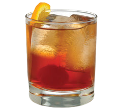 An amber cocktail with ice is served in a short glass with a red cherry near the bottom and an orange peel garnish on the rim