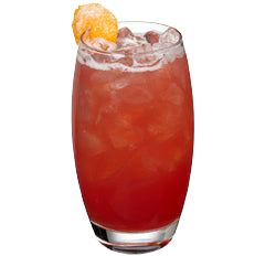 A red cocktail with ice is served in a tall glass and garnished with an orange peel on the rim
