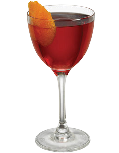 A deep red cocktail is served in a stemmed glass and garnished with a large orange peel on the rim