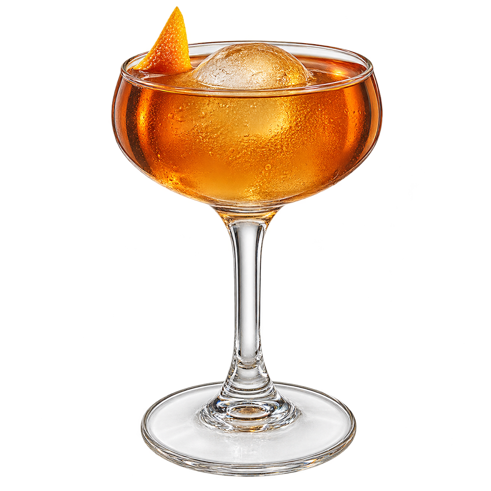 An amber cocktail with ice is served in a coupe glass and garnished with an orange peel on the rim